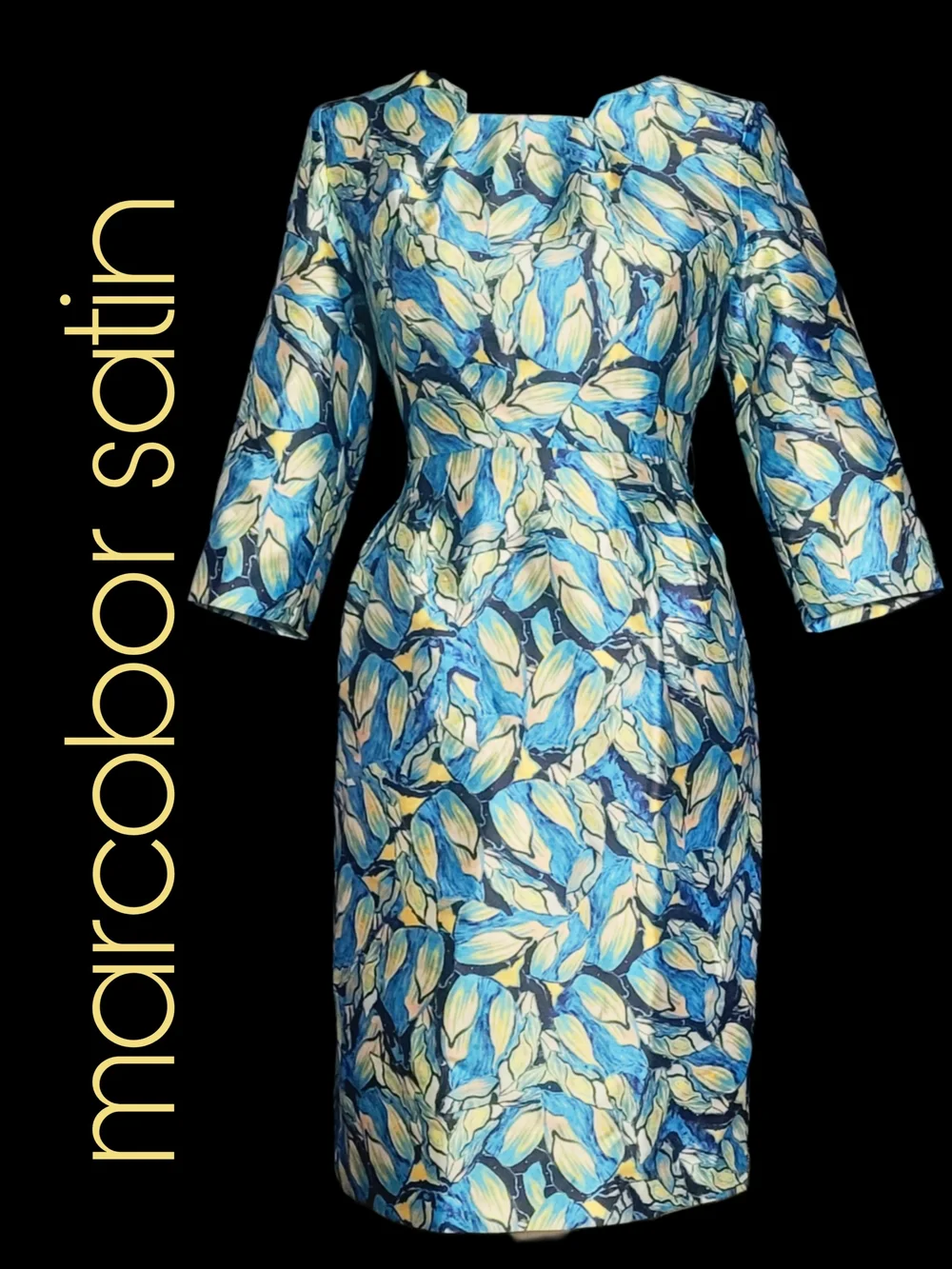 Vintage Dresses | Vintage? Marcobar Satin 3/4 Sleeve Fitted Floral Midi Dress | Color: Blue/Yellow | Size: 6 | Pinupthrift79's Closet